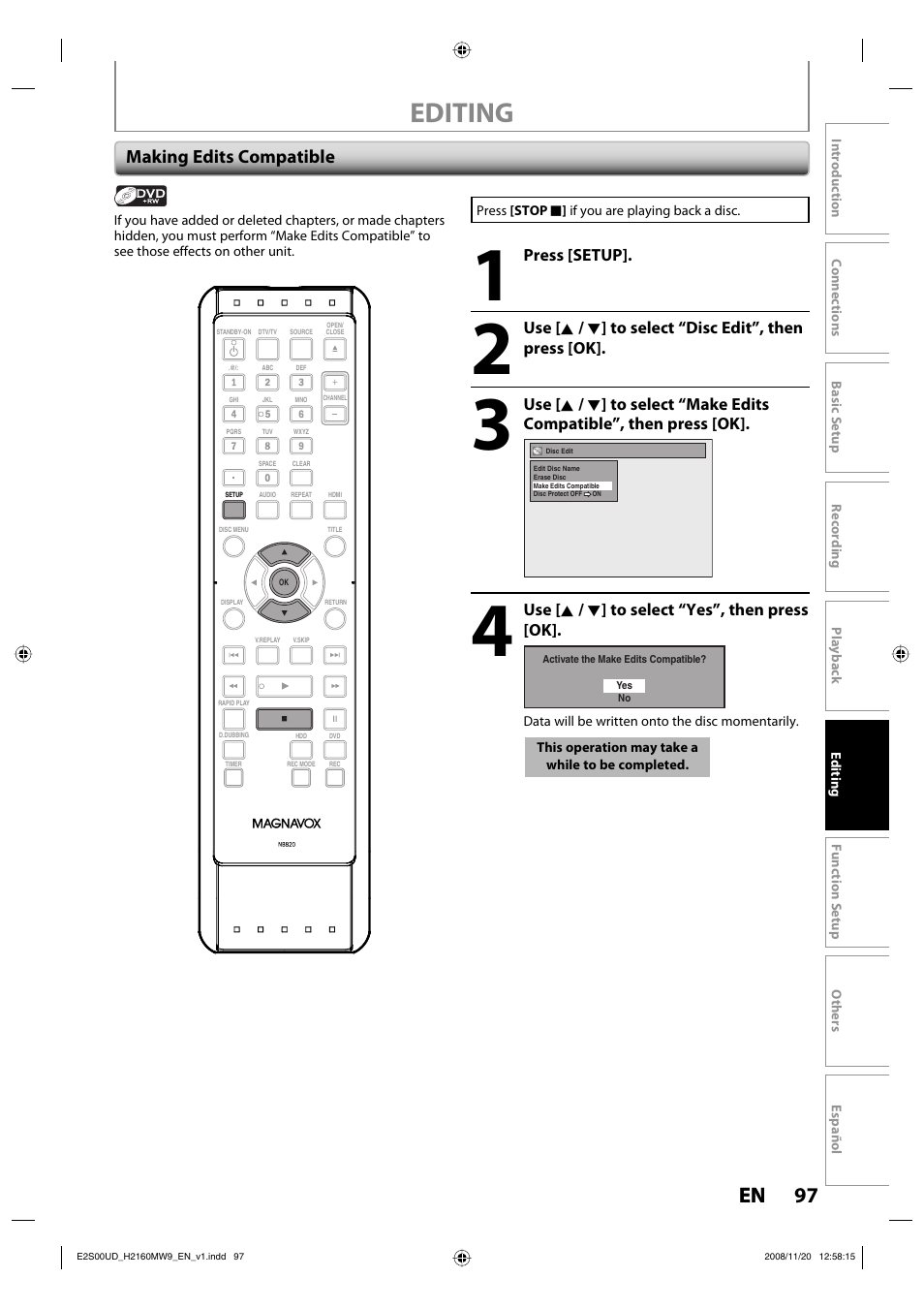 Editing, 97 en 97 en, Making edits compatible | Philips Magnavox H2160MW9 A User Manual | Page 99 / 256