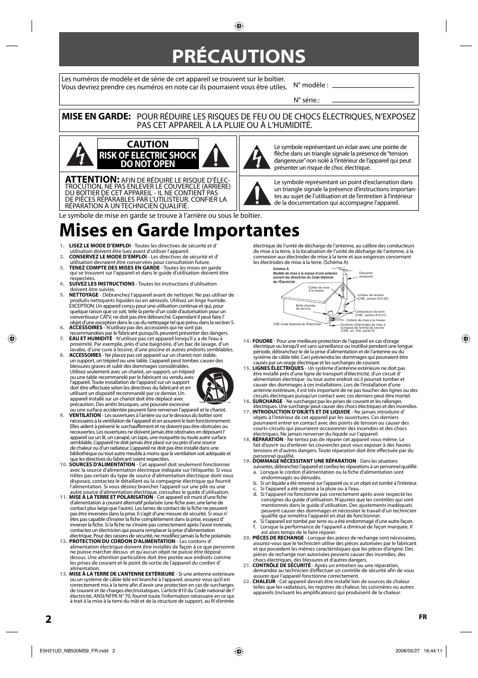 Précautions, Mises en garde importantes, Attention | Caution risk of electric shock do not open, Mise en garde | Philips Magnavox NB500MS9 User Manual | Page 102 / 148