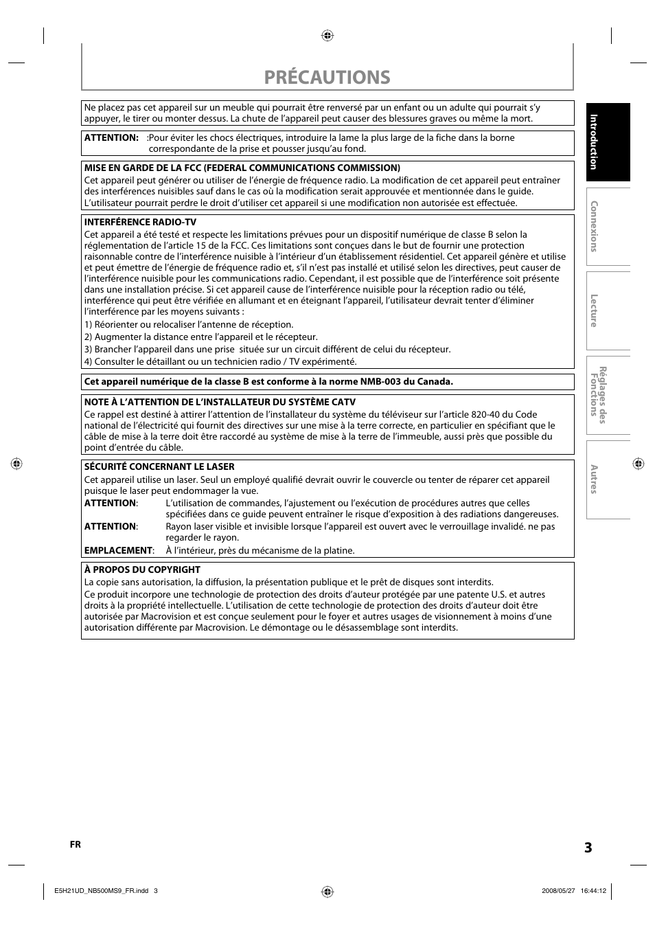 Précautions | Philips Magnavox NB500MS9 User Manual | Page 103 / 148