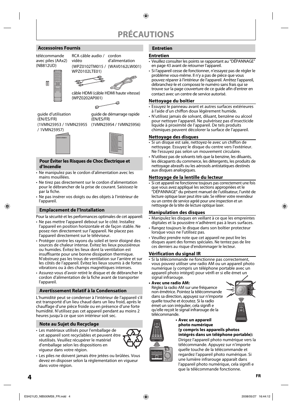 Précautions | Philips Magnavox NB500MS9 User Manual | Page 104 / 148