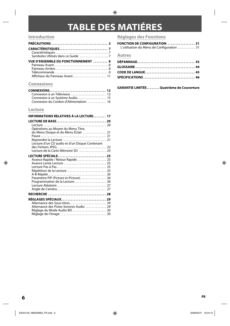 Table des matiéres, Introduction, Connexions | Lecture, Réglages des fonctions, Autres | Philips Magnavox NB500MS9 User Manual | Page 106 / 148