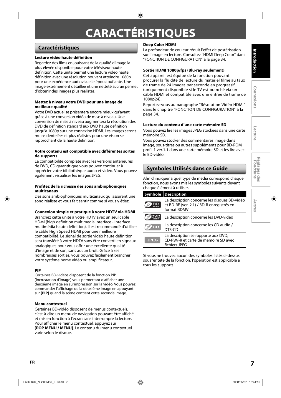 Caractéristiques, Symboles utilisés dans ce guide | Philips Magnavox NB500MS9 User Manual | Page 107 / 148