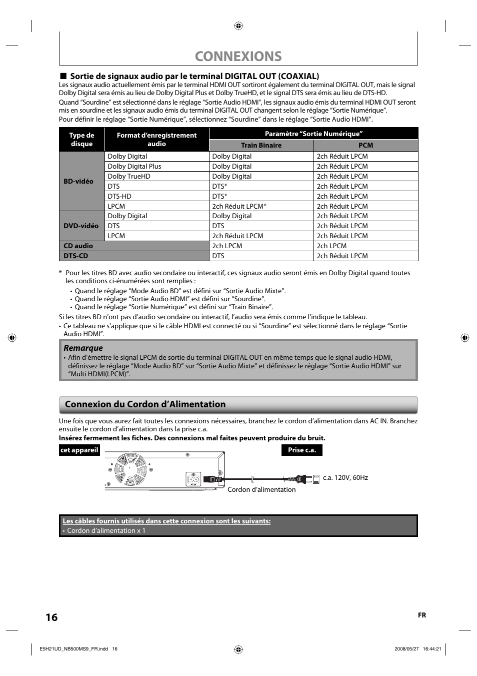 Connexions, Connexion du cordon d’alimentation | Philips Magnavox NB500MS9 User Manual | Page 116 / 148