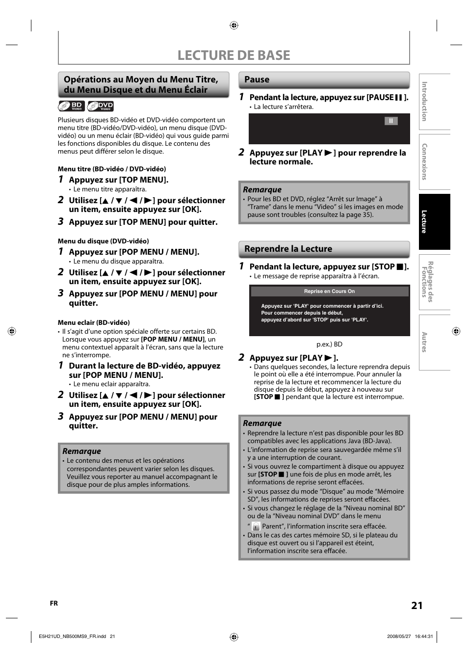 Lecture de base | Philips Magnavox NB500MS9 User Manual | Page 121 / 148