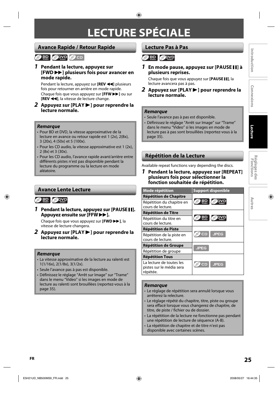 Lecture spéciale | Philips Magnavox NB500MS9 User Manual | Page 125 / 148