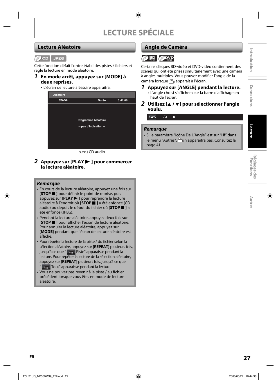 Lecture spéciale, Lecture aléatoire, Angle de caméra | Philips Magnavox NB500MS9 User Manual | Page 127 / 148