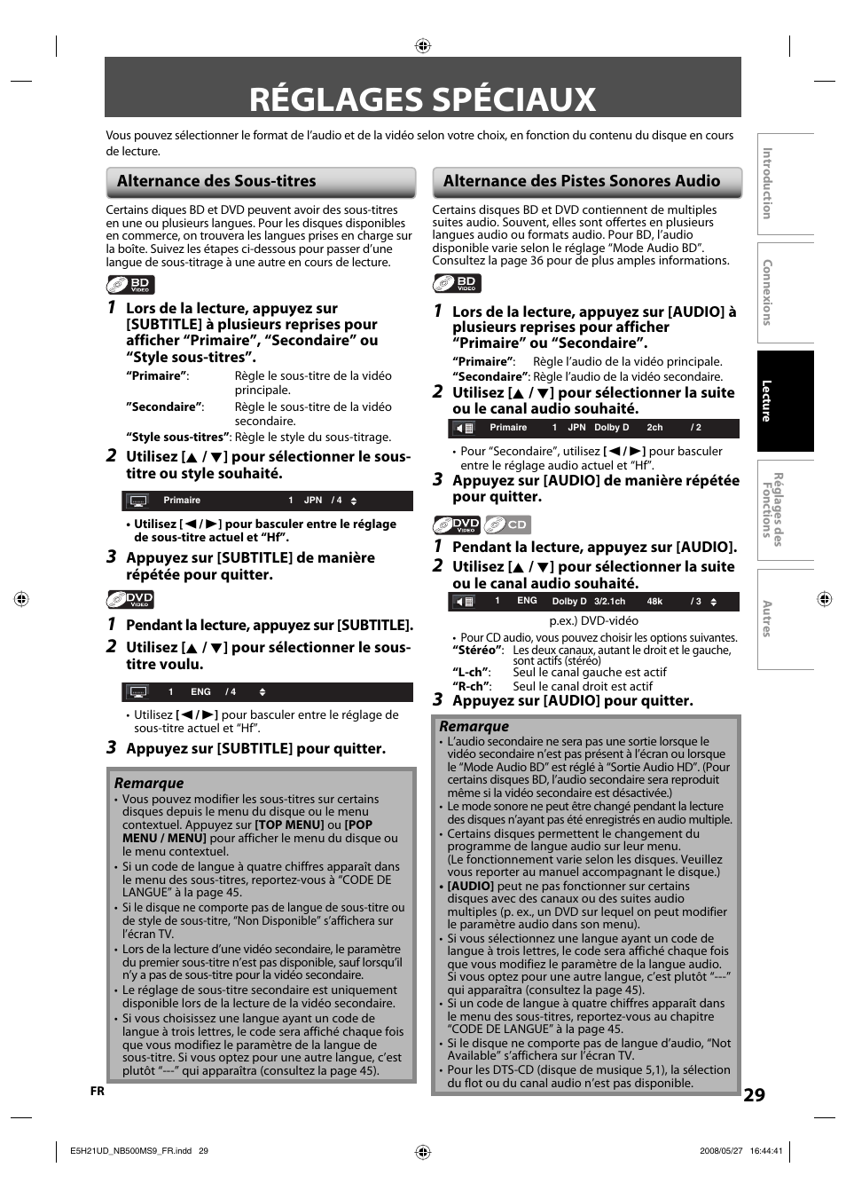 Réglages spéciaux, Alternance des sous-titres, Alternance des pistes sonores audio | Philips Magnavox NB500MS9 User Manual | Page 129 / 148