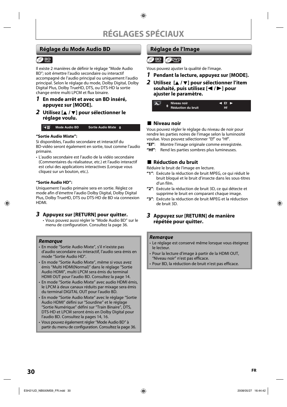 Réglages spéciaux, Réglage du mode audio bd, Réglage de l’image | Philips Magnavox NB500MS9 User Manual | Page 130 / 148