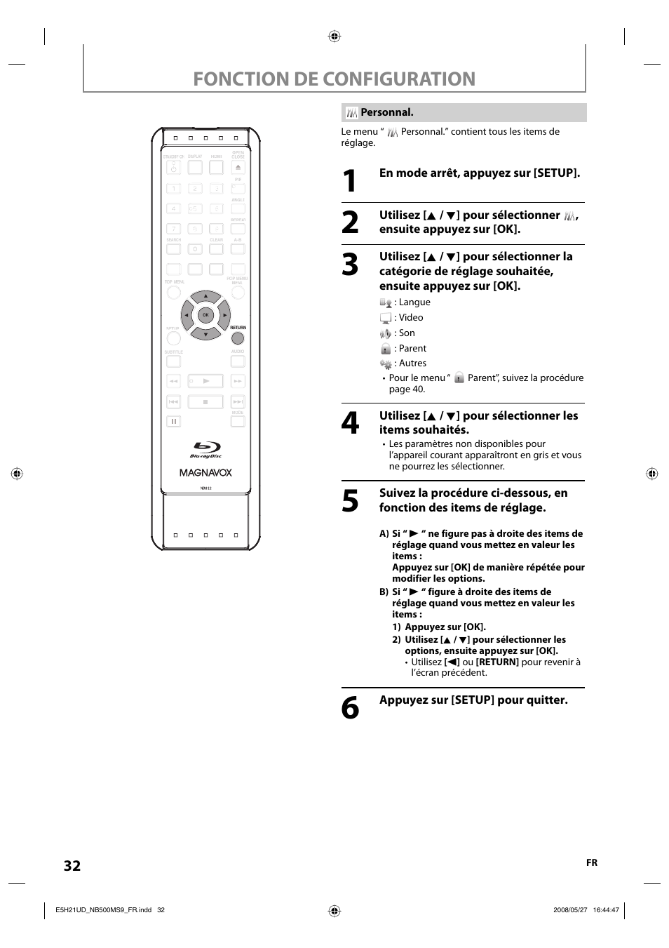 Fonction de configuration | Philips Magnavox NB500MS9 User Manual | Page 132 / 148