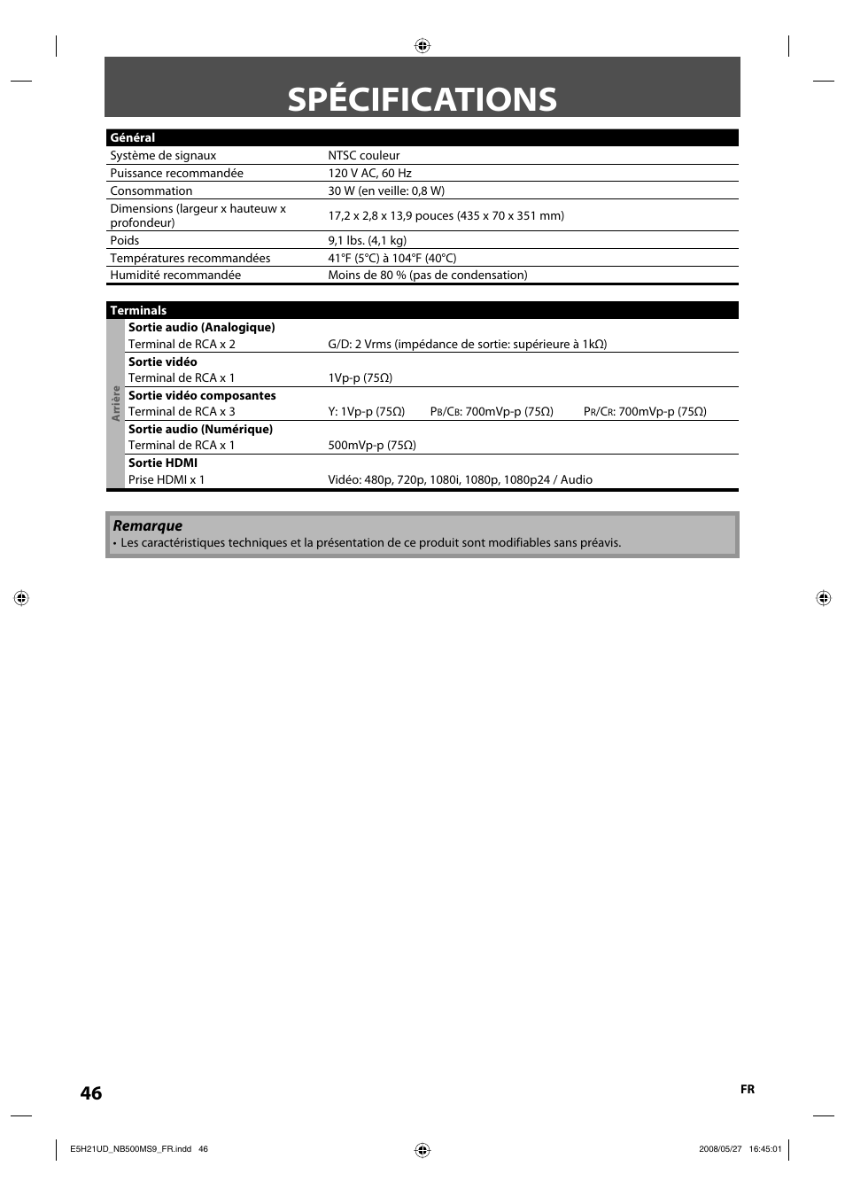 Spécifications | Philips Magnavox NB500MS9 User Manual | Page 146 / 148