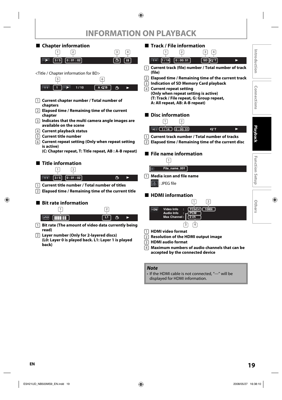 Information on playback, Chapter information, Title information | Bit rate information, Track / file information, Disc information, File name information, Hdmi information | Philips Magnavox NB500MS9 User Manual | Page 21 / 148