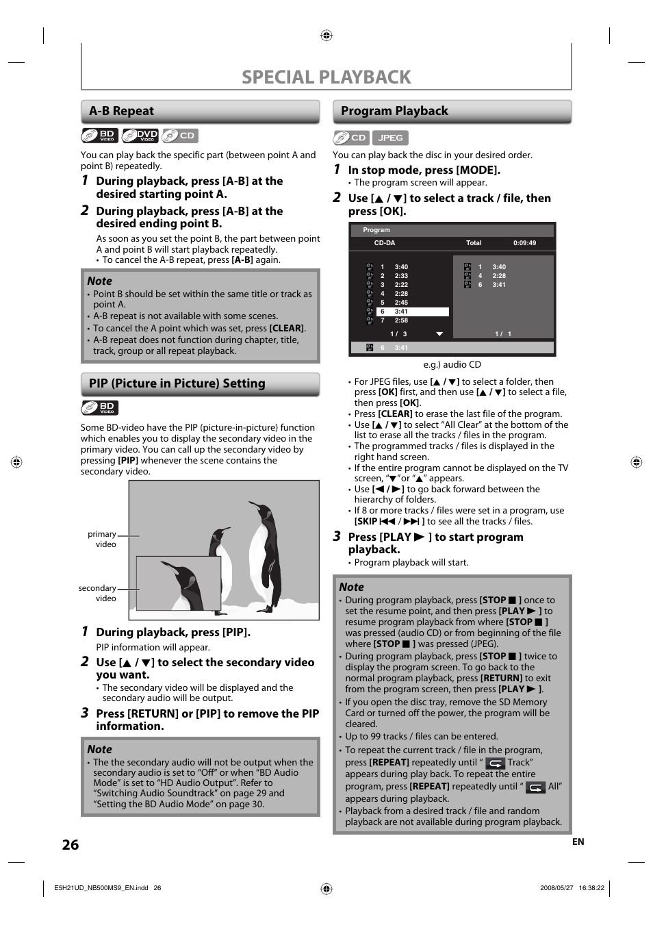 Special playback, A-b repeat, Pip (picture in picture) setting | Program playback | Philips Magnavox NB500MS9 User Manual | Page 28 / 148