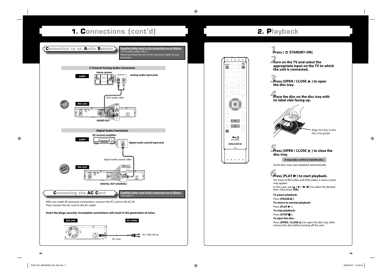 Playback, Connections (cont'd) | Philips Magnavox NB500MS9 User Manual | Page 3 / 148