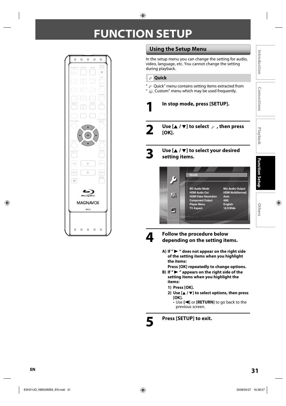 Function setup | Philips Magnavox NB500MS9 User Manual | Page 33 / 148