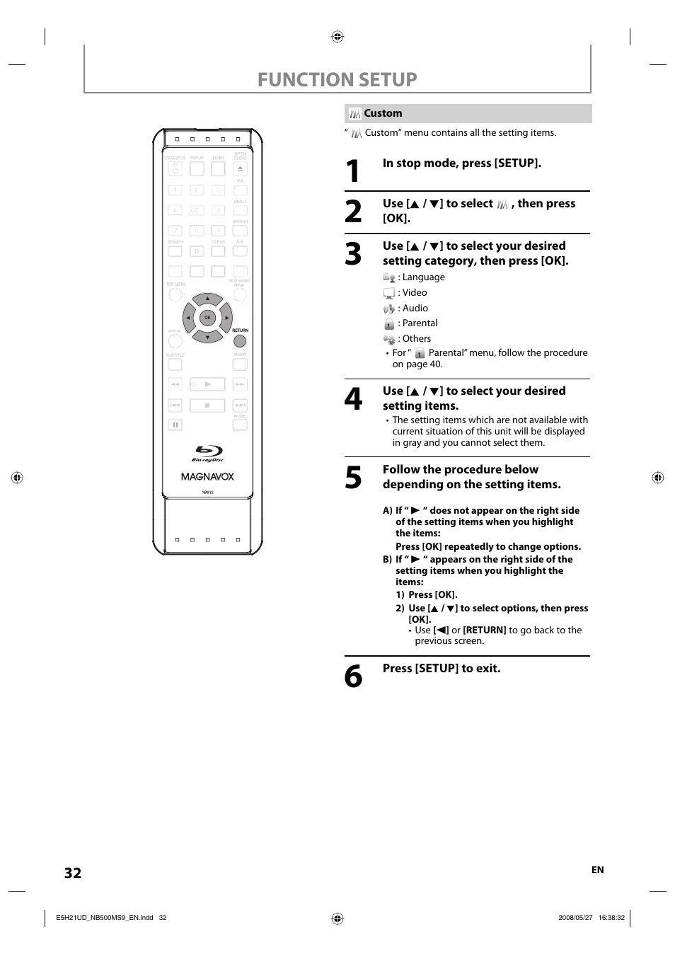 Function setup | Philips Magnavox NB500MS9 User Manual | Page 34 / 148