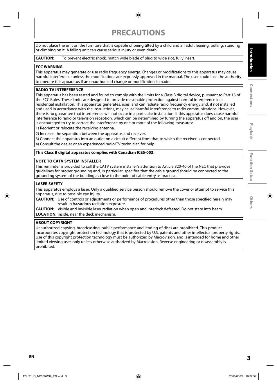 Precautions | Philips Magnavox NB500MS9 User Manual | Page 5 / 148