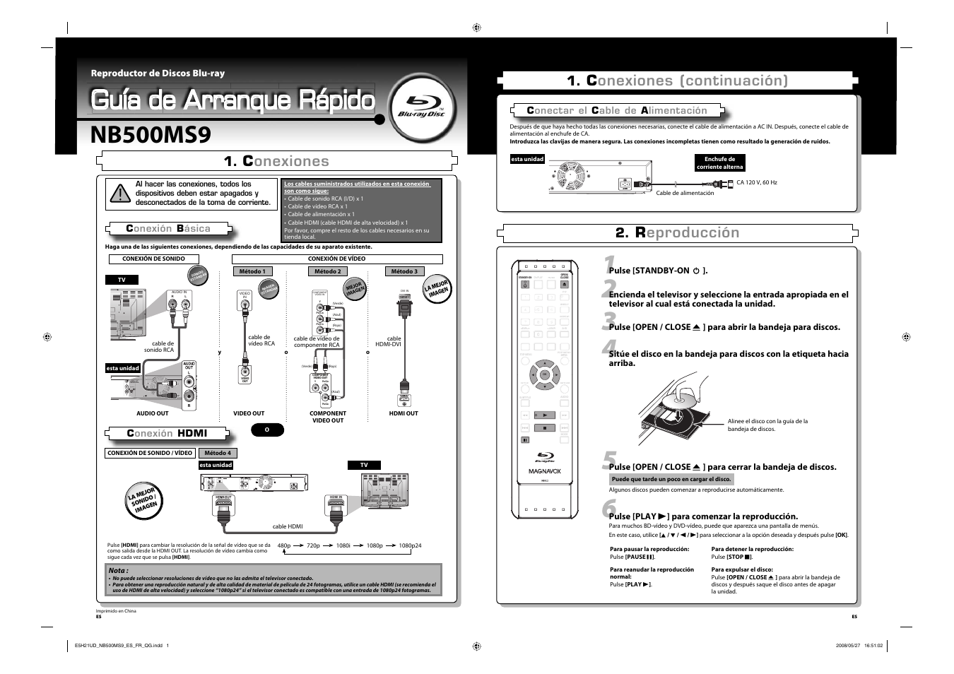 Guía de arranque rápido, Nb500ms9, Conexiones | Conexiones (continuación), Reproducción, Conexión hdmi, Reproductor de discos blu-ray | Philips Magnavox NB500MS9 User Manual | Page 51 / 148