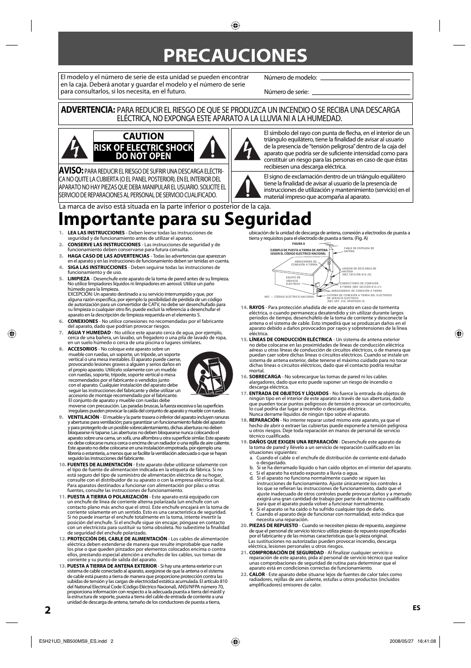 Precauciones, Importante para su seguridad, Aviso | Caution risk of electric shock do not open, Advertencia | Philips Magnavox NB500MS9 User Manual | Page 54 / 148