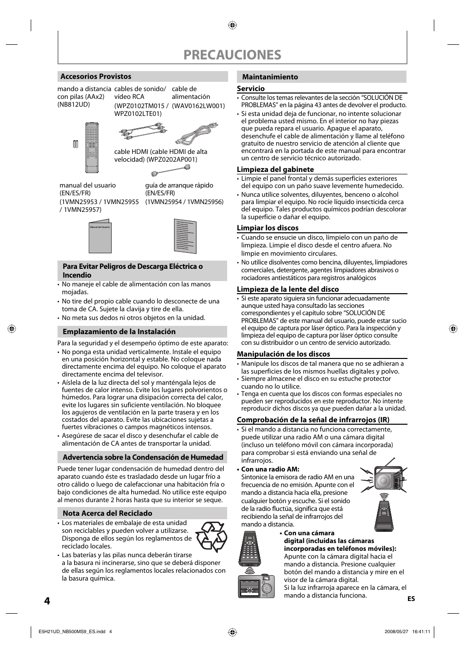 Precauciones | Philips Magnavox NB500MS9 User Manual | Page 56 / 148