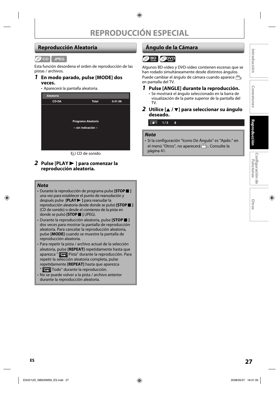 Reproducción especial, Reproducción aleatoria, Ángulo de la cámara | Philips Magnavox NB500MS9 User Manual | Page 79 / 148