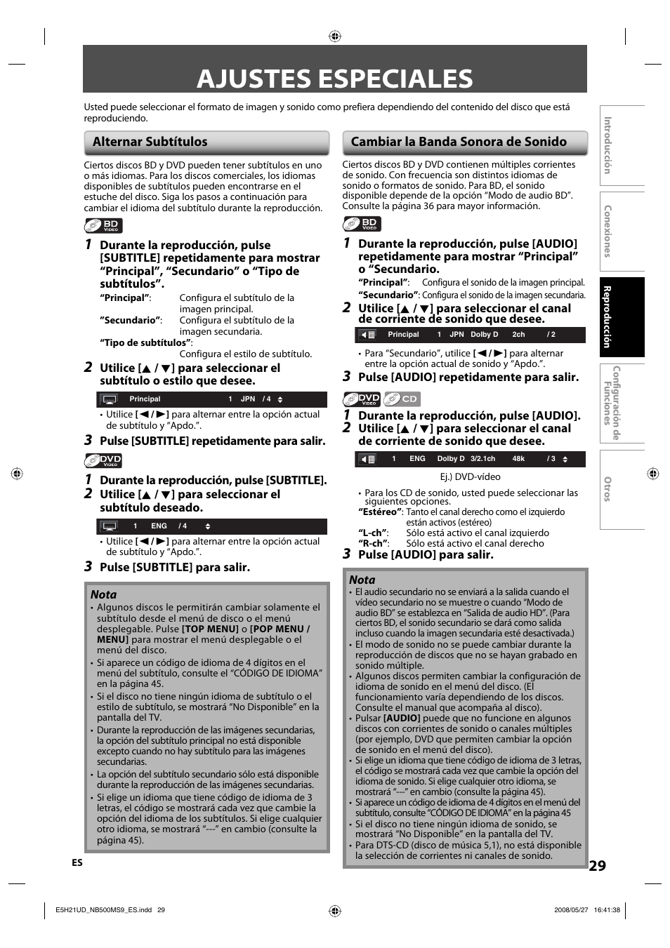 Ajustes especiales, Alternar subtítulos, Cambiar la banda sonora de sonido | Philips Magnavox NB500MS9 User Manual | Page 81 / 148