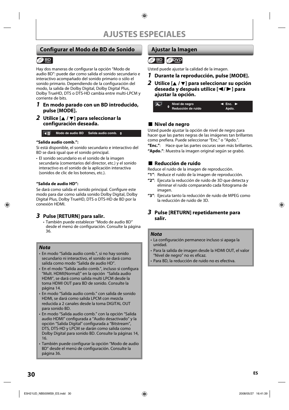 Ajustes especiales, Configurar el modo de bd de sonido, Ajustar la imagen | Philips Magnavox NB500MS9 User Manual | Page 82 / 148