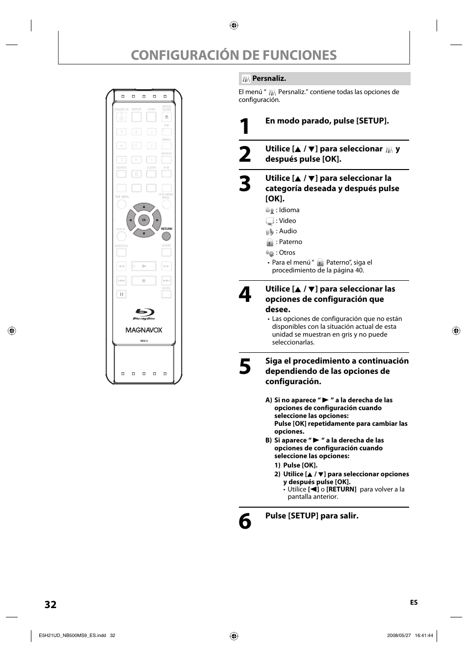 Configuración de funciones | Philips Magnavox NB500MS9 User Manual | Page 84 / 148