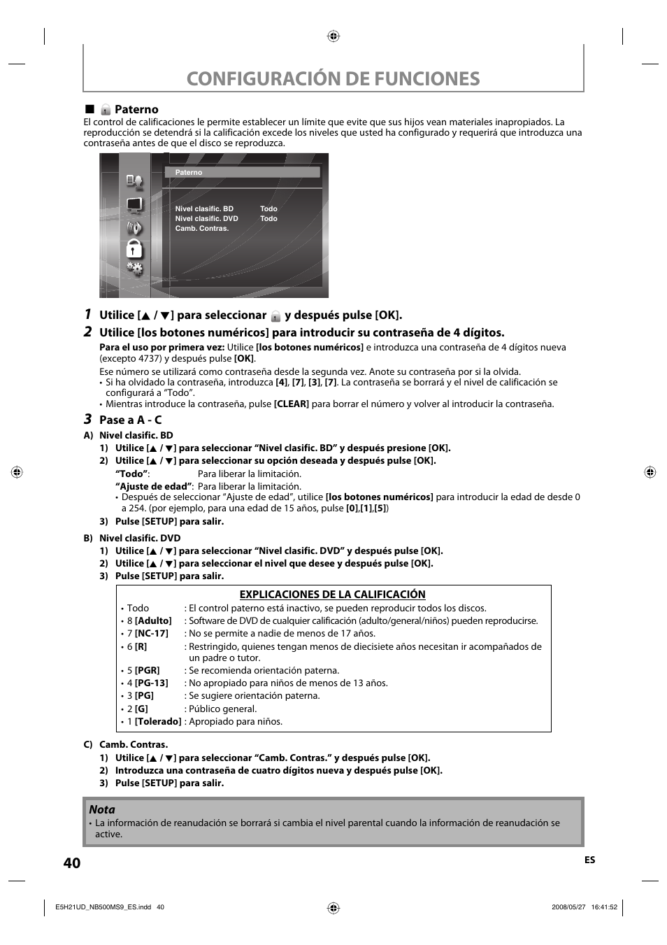 Configuración de funciones | Philips Magnavox NB500MS9 User Manual | Page 92 / 148