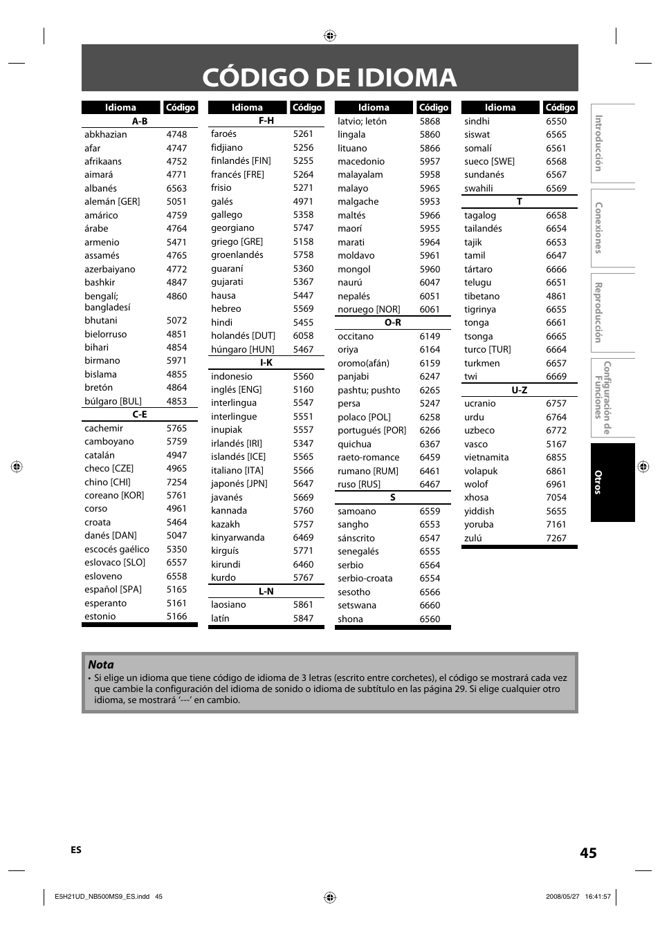 Código de idioma | Philips Magnavox NB500MS9 User Manual | Page 97 / 148