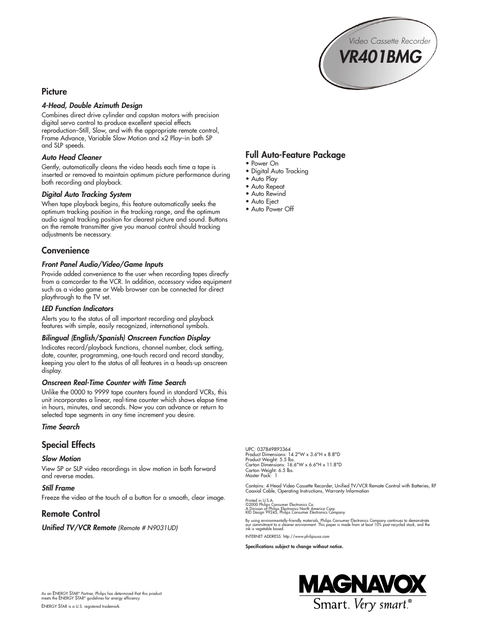 Vr401bmg, Picture, Convenience | Special effects, Remote control, Full auto-feature package, Video cassette recorder | Philips Magnavox VR401BMG User Manual | Page 2 / 2