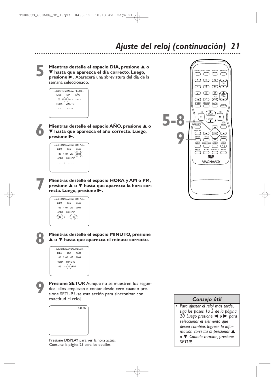 Ajuste del reloj (continuación) 2 1, Consejo útil | Philips Magnavox 27MDTR20 User Manual | Page 101 / 160