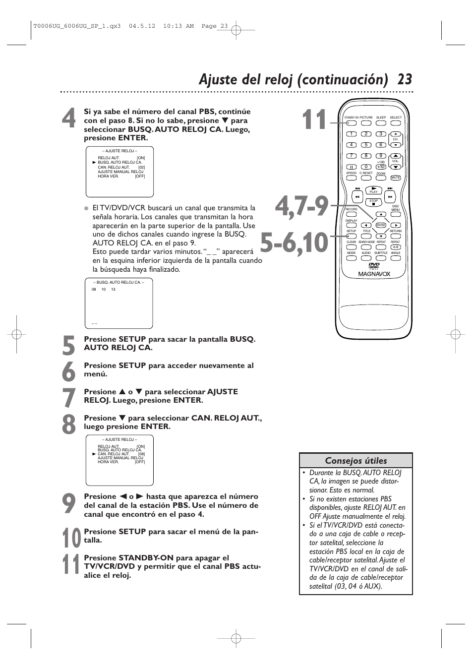 Ajuste del reloj (continuación) 23, Consejos útiles | Philips Magnavox 27MDTR20 User Manual | Page 103 / 160