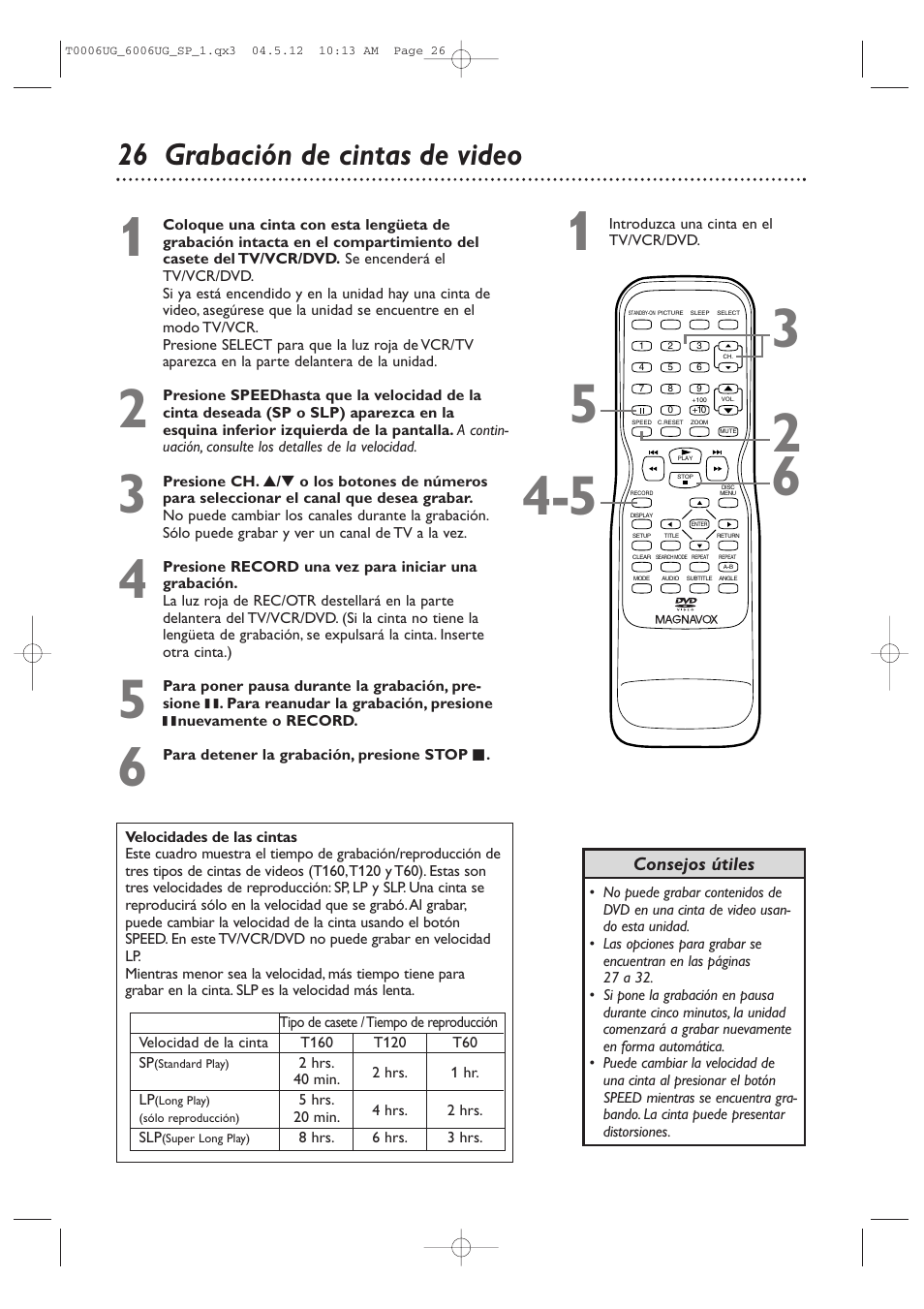 26 grabación de cintas de video | Philips Magnavox 27MDTR20 User Manual | Page 106 / 160