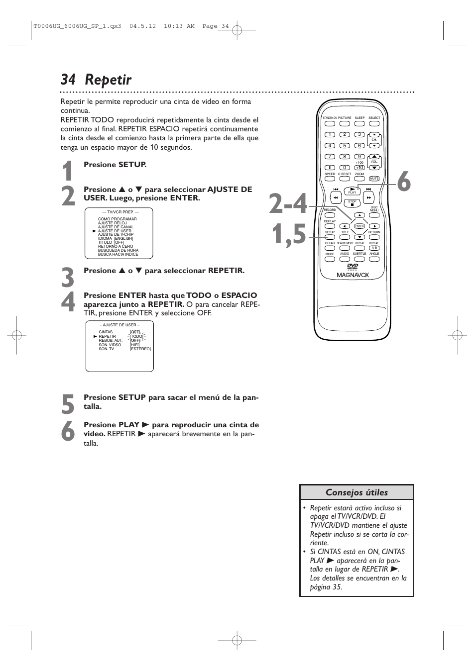 34 repetir, Consejos útiles | Philips Magnavox 27MDTR20 User Manual | Page 114 / 160