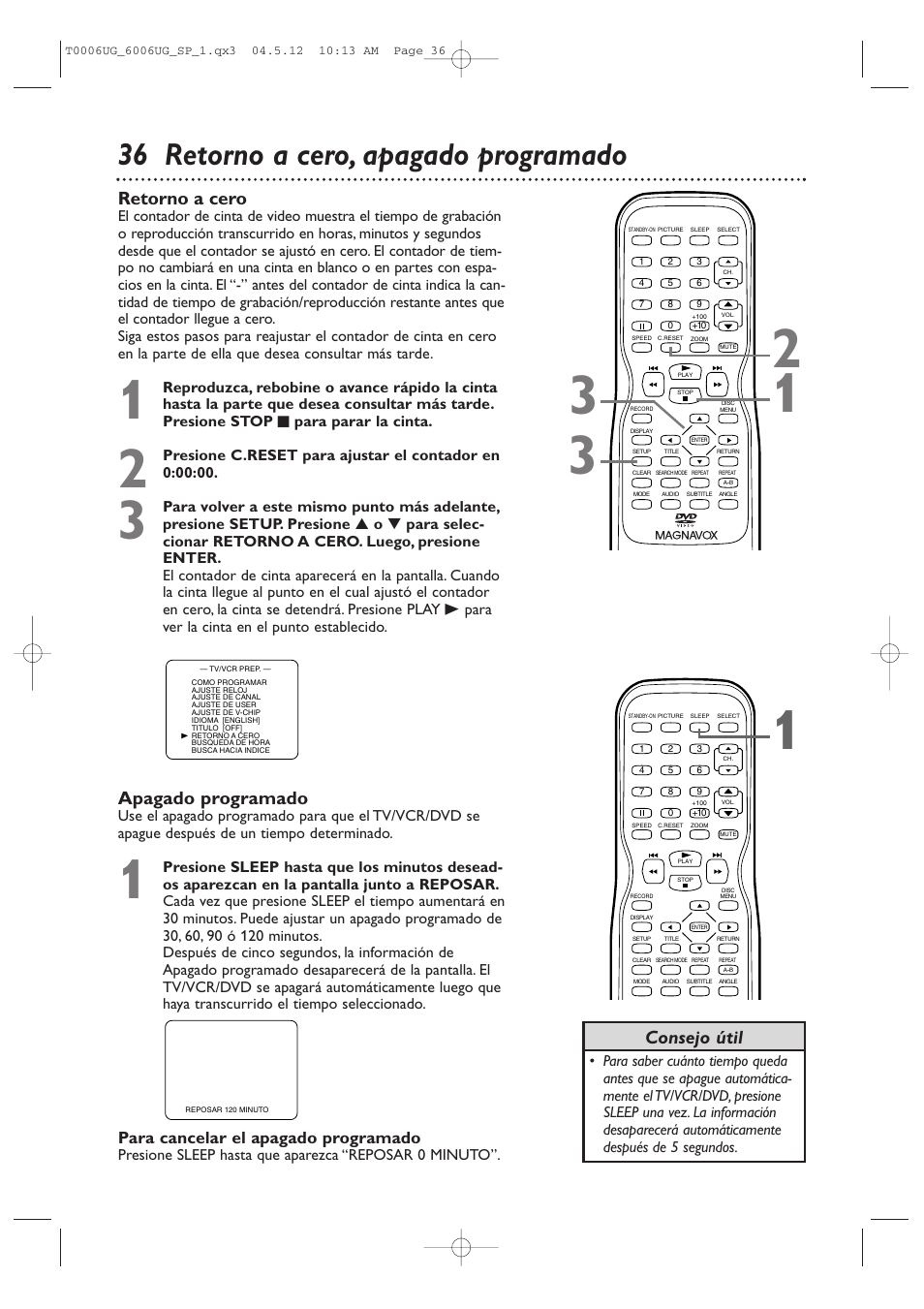 36 retorno a cero, apagado programado, Retorno a cero, Apagado programado | Consejo útil, Para cancelar el apagado programado | Philips Magnavox 27MDTR20 User Manual | Page 116 / 160