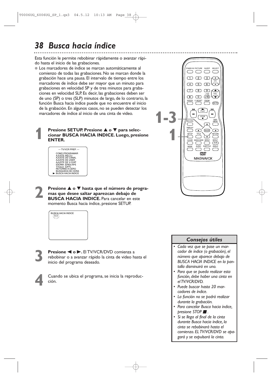 38 busca hacia índice, Consejos útiles | Philips Magnavox 27MDTR20 User Manual | Page 118 / 160