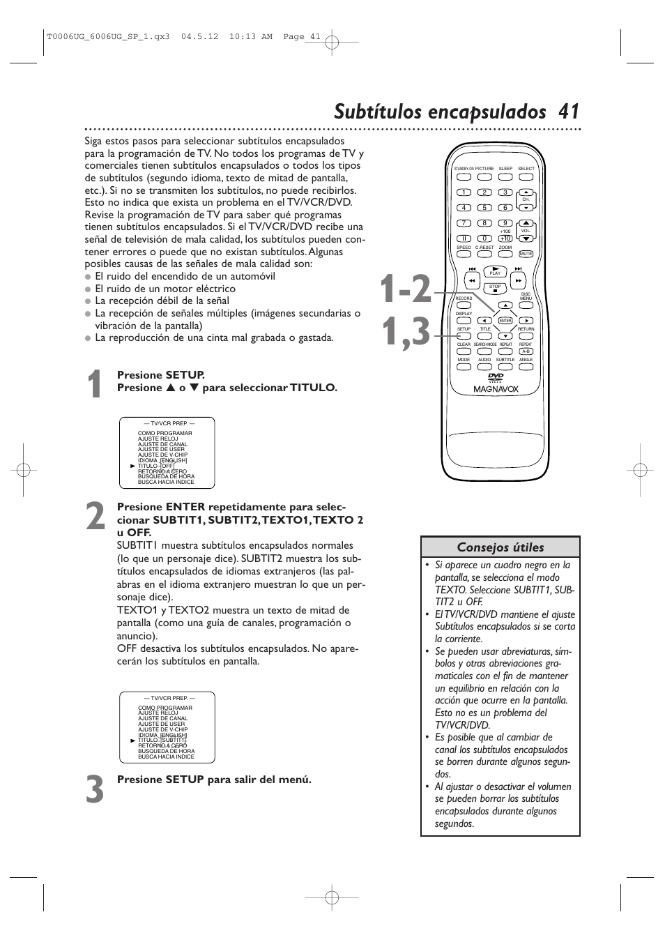 Subtítulos encapsulados 4 1, Consejos útiles | Philips Magnavox 27MDTR20 User Manual | Page 121 / 160