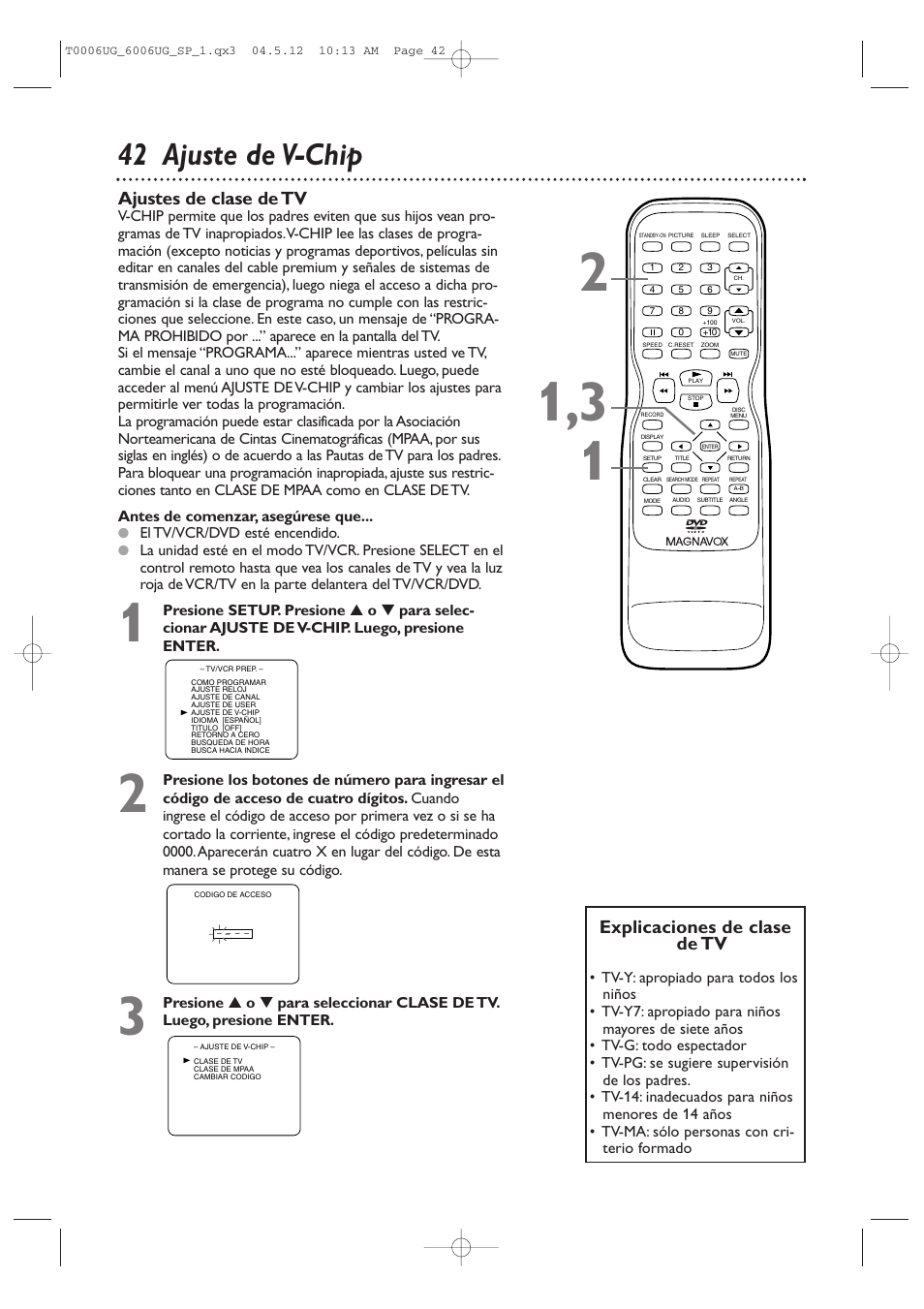 42 ajuste de v-chip, Explicaciones de clase de tv, Ajustes de clase de tv | Philips Magnavox 27MDTR20 User Manual | Page 122 / 160