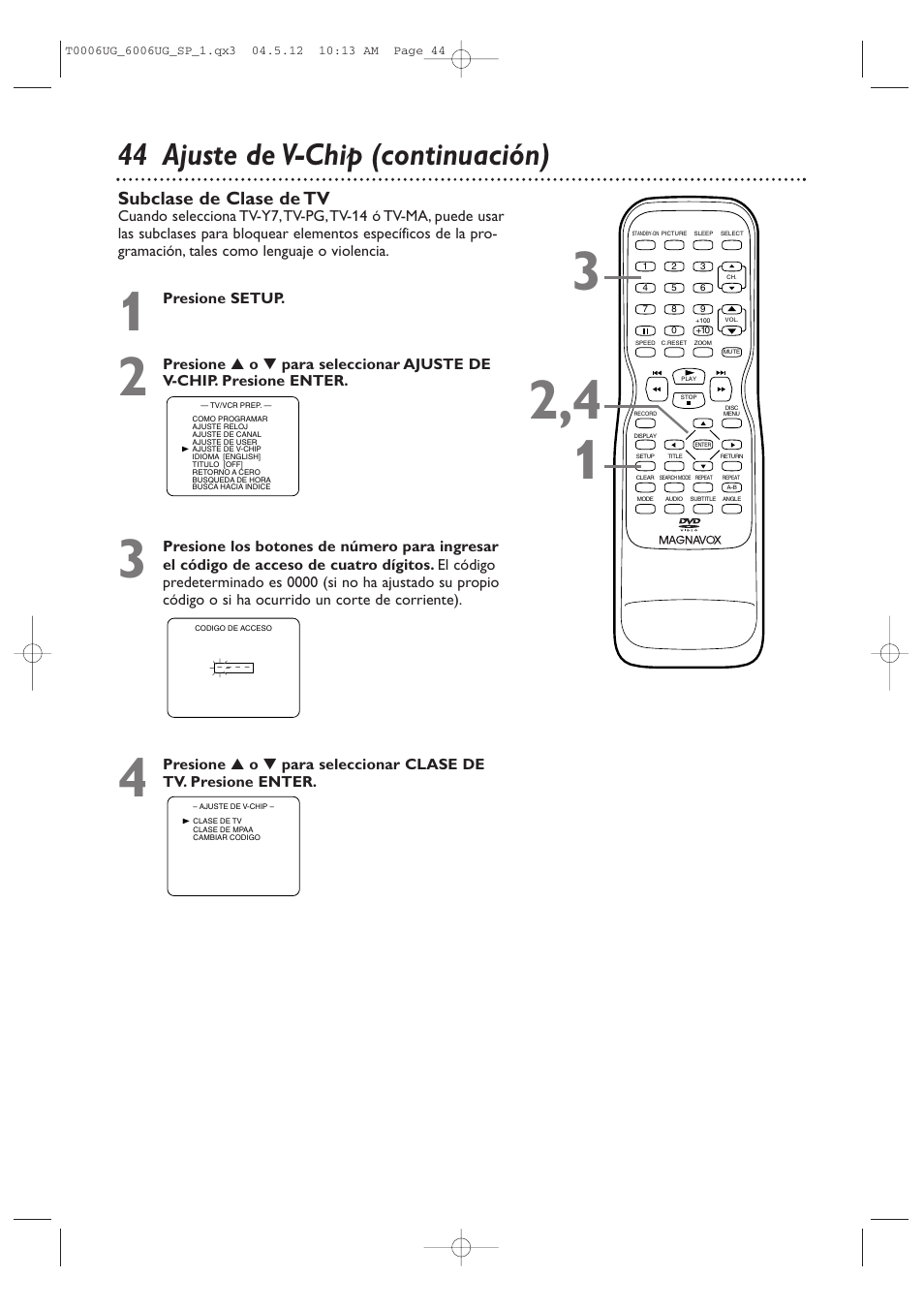 44 ajuste de v-chip (continuación), Subclase de clase de tv | Philips Magnavox 27MDTR20 User Manual | Page 124 / 160