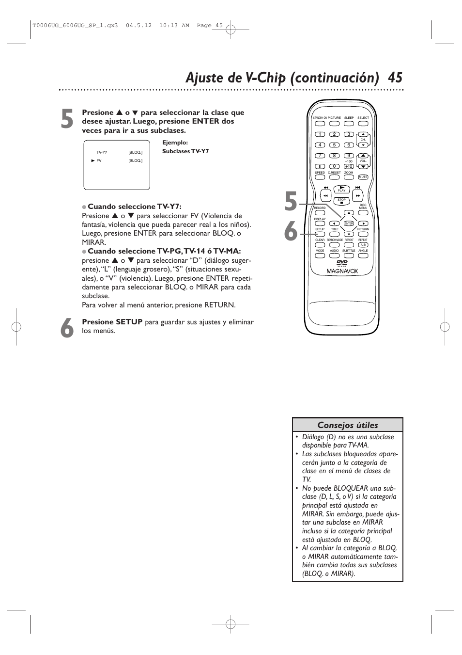 Ajuste de v-chip (continuación) 45, Consejos útiles | Philips Magnavox 27MDTR20 User Manual | Page 125 / 160