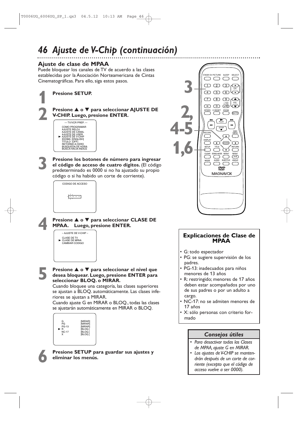 46 ajuste de v-chip (continuación) | Philips Magnavox 27MDTR20 User Manual | Page 126 / 160