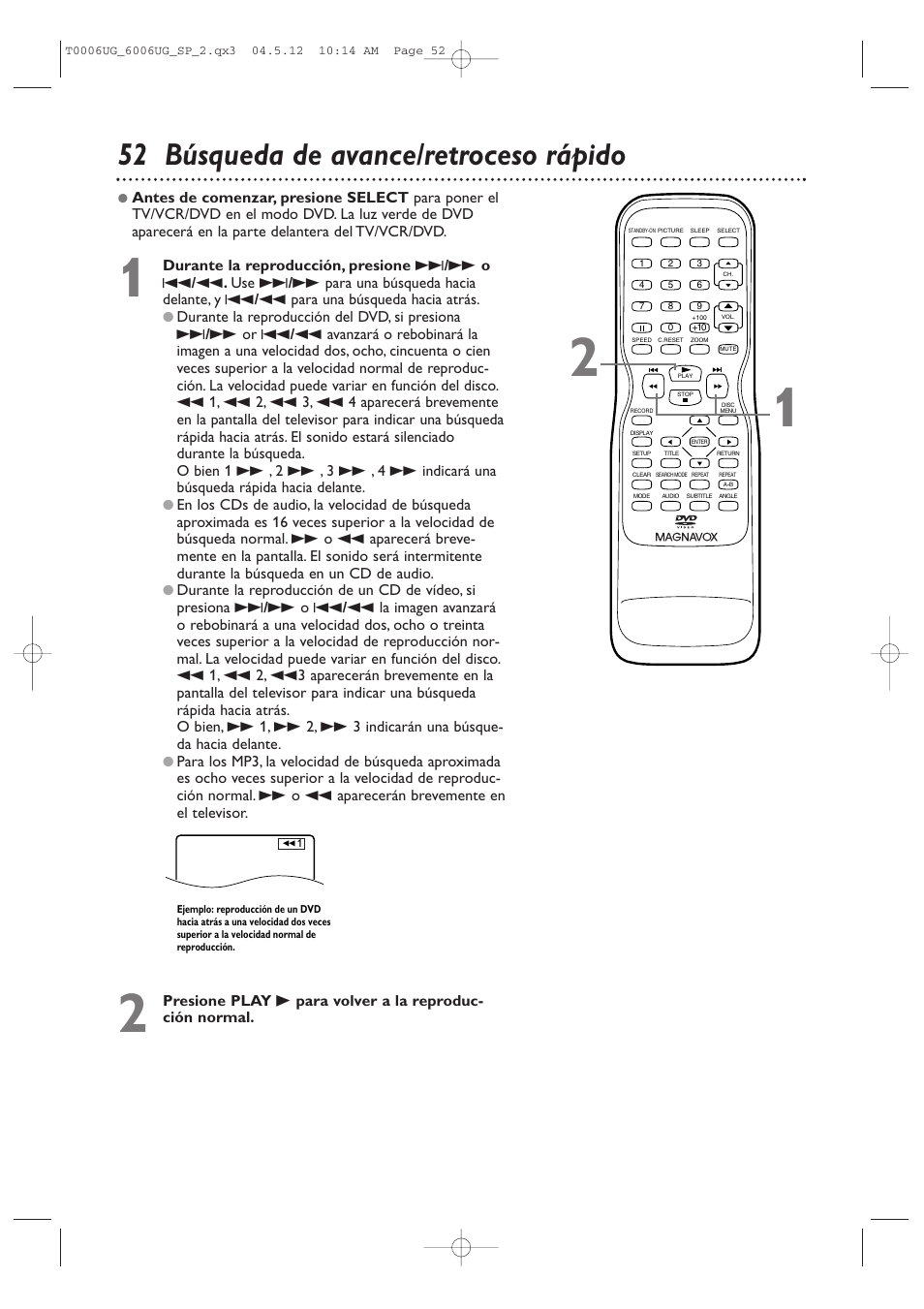 52 búsqueda de avance/retroceso rápido | Philips Magnavox 27MDTR20 User Manual | Page 132 / 160