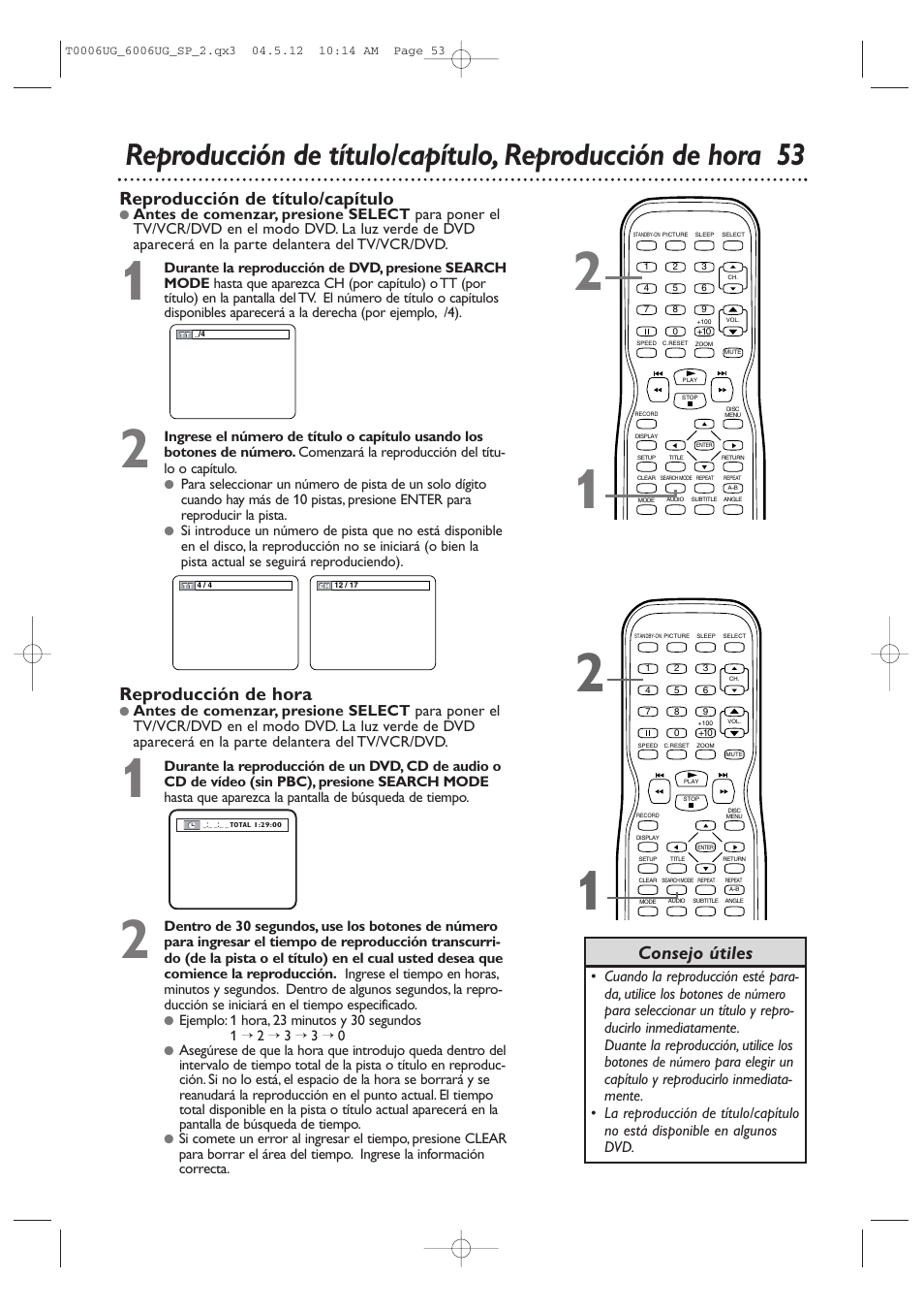 Reproducción de título/capítulo, Reproducción de hora, Consejo útiles | Philips Magnavox 27MDTR20 User Manual | Page 133 / 160