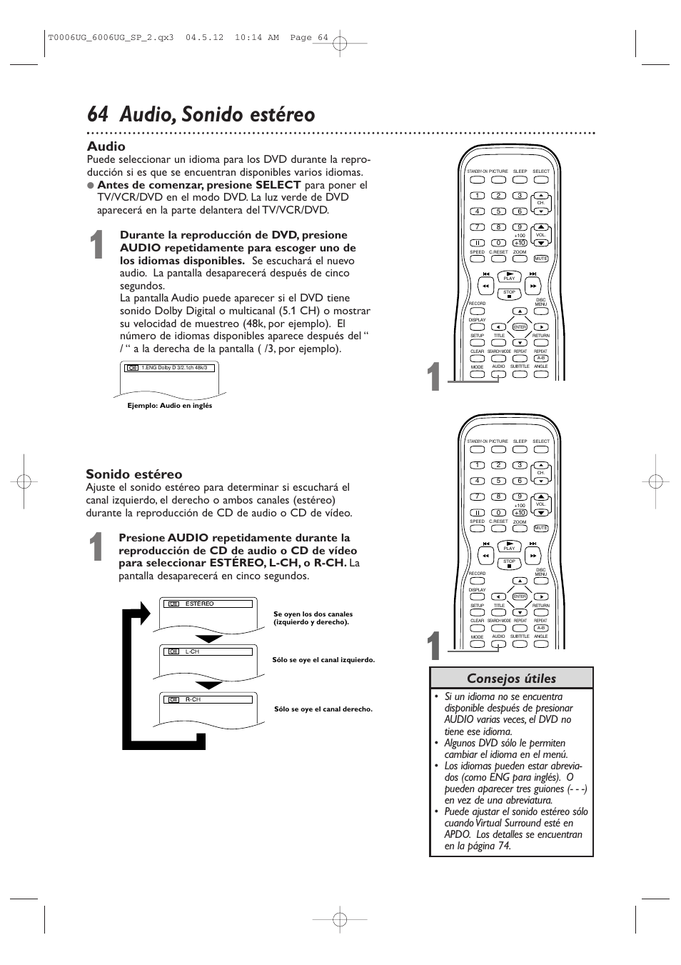 64 audio, sonido estéreo, Audio, Sonido estéreo | Consejos útiles | Philips Magnavox 27MDTR20 User Manual | Page 144 / 160