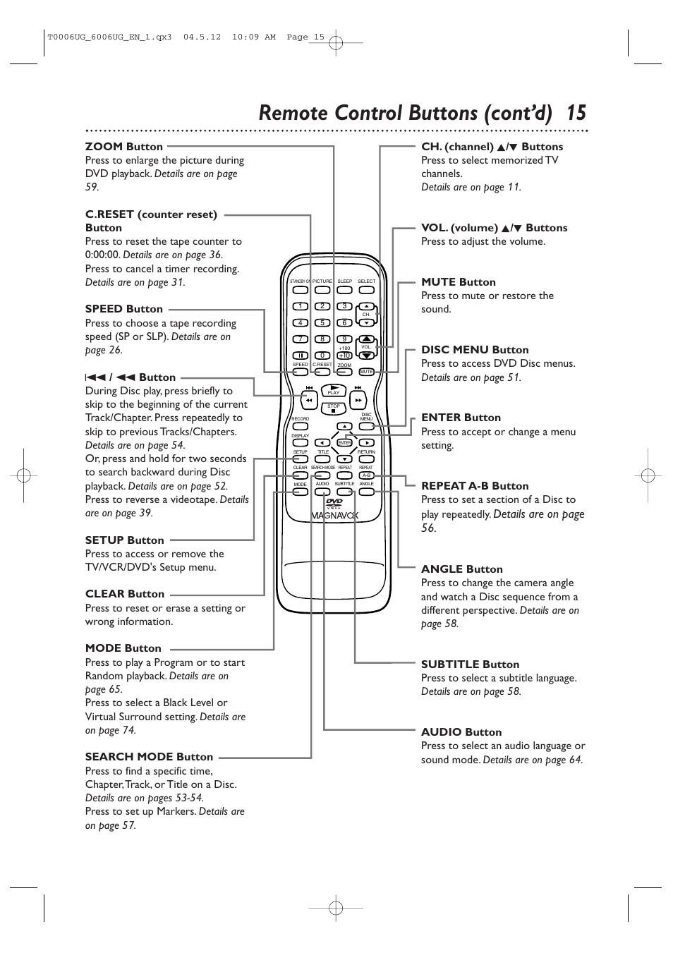 Remote control buttons (cont’d) 15, Details are on page 56 | Philips Magnavox 27MDTR20 User Manual | Page 15 / 160