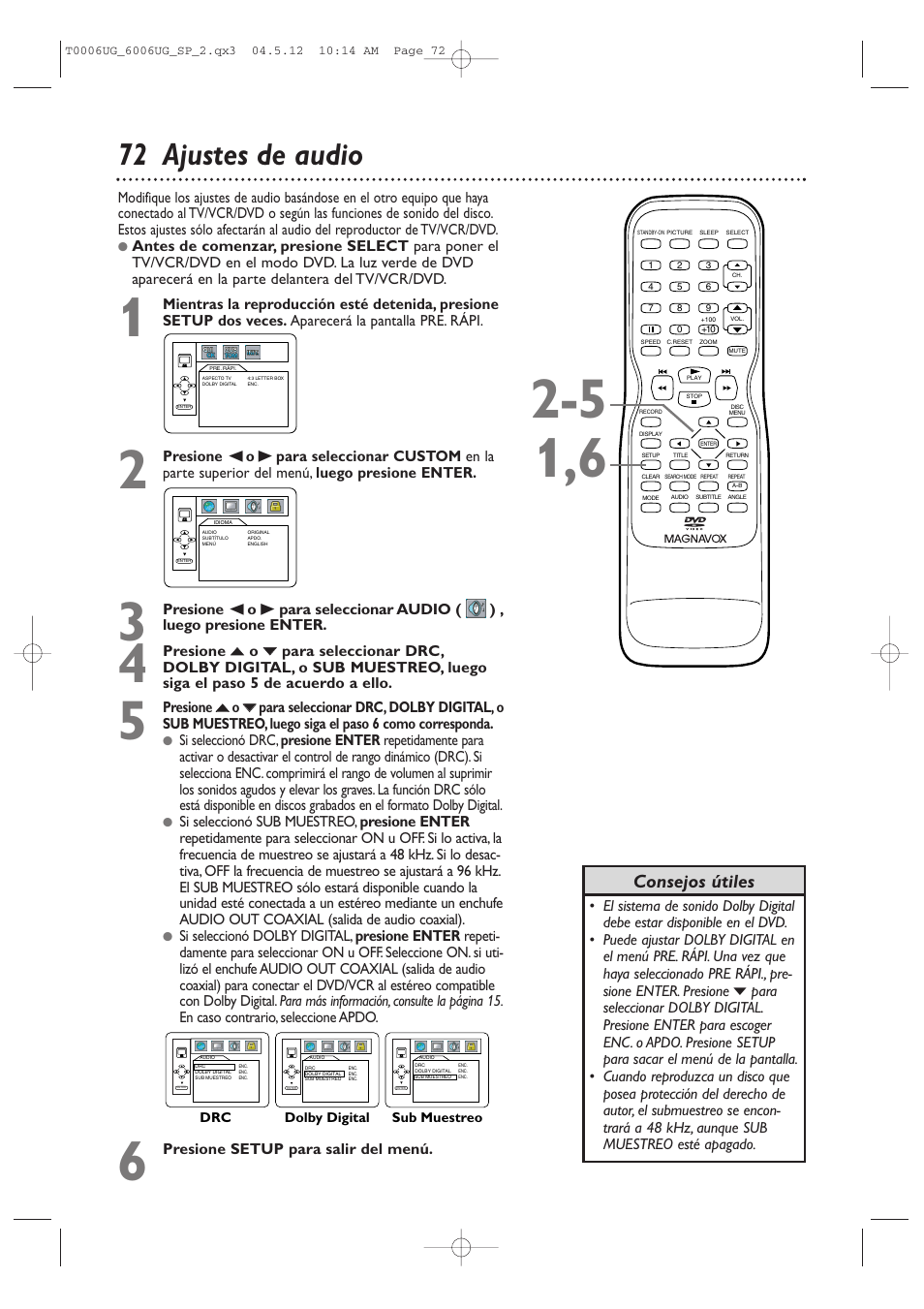 72 ajustes de audio, Consejos útiles | Philips Magnavox 27MDTR20 User Manual | Page 152 / 160