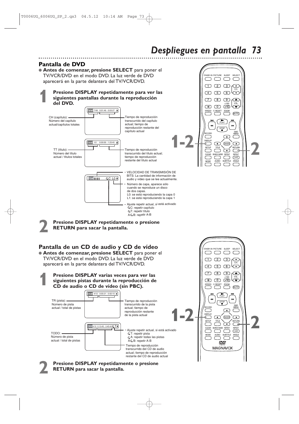 Despliegues en pantalla 73, Pantalla de un cd de audio y cd de vídeo, Pantalla de dvd | Philips Magnavox 27MDTR20 User Manual | Page 153 / 160