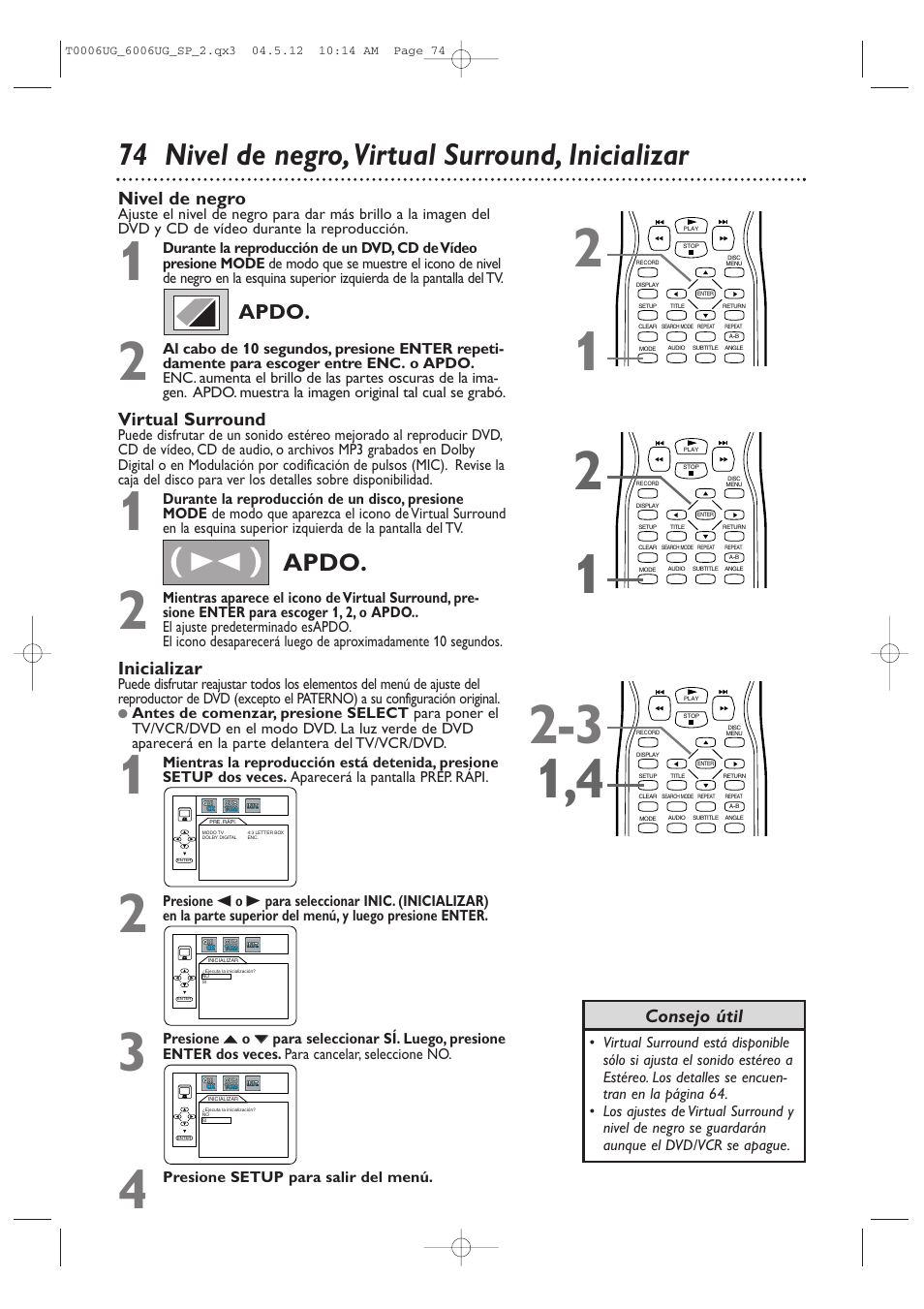 74 nivel de negro, virtual surround, inicializar, Apdo, Nivel de negro | Virtual surround, Consejo útil, Inicializar | Philips Magnavox 27MDTR20 User Manual | Page 154 / 160