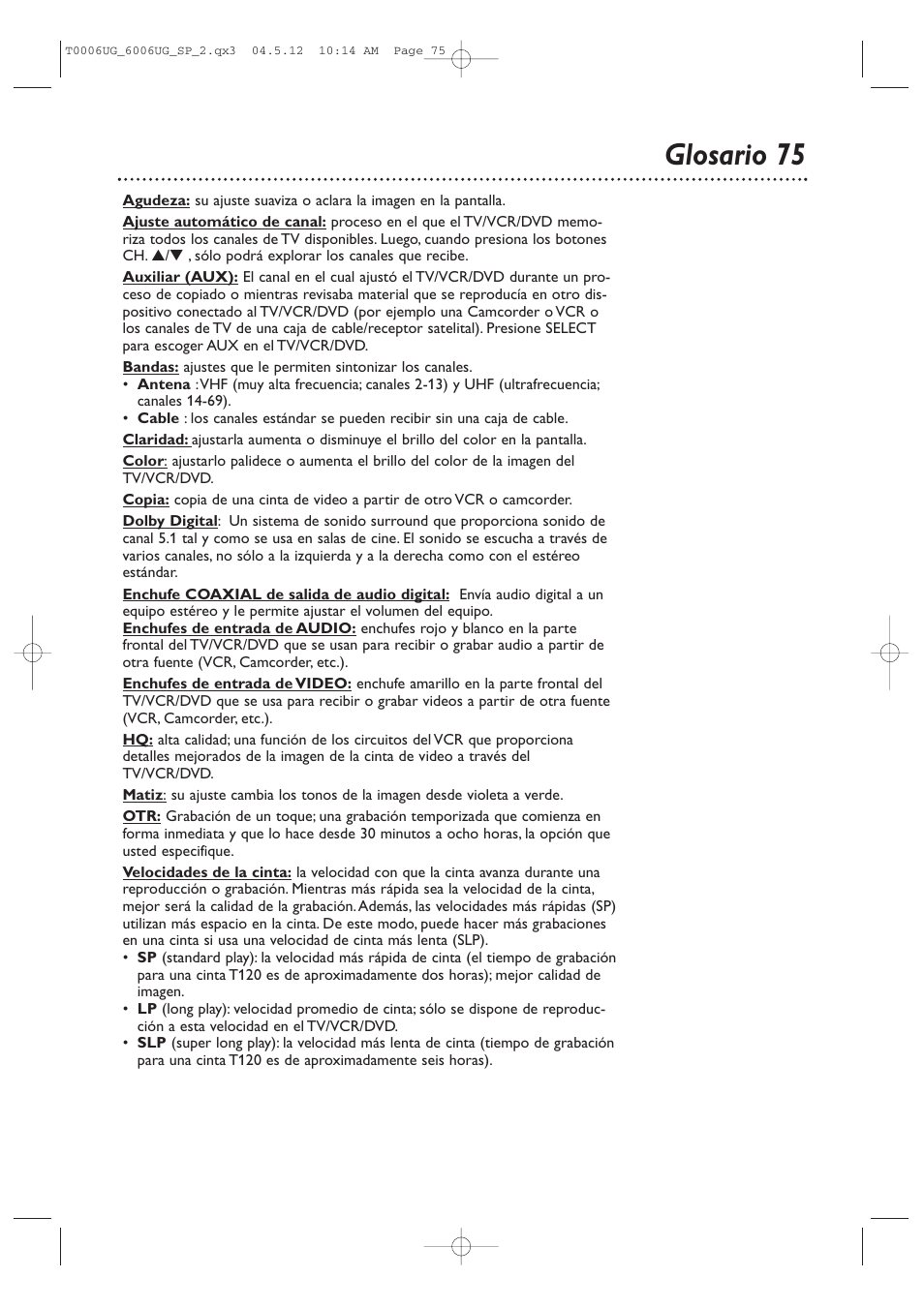 Glosario 75 | Philips Magnavox 27MDTR20 User Manual | Page 155 / 160