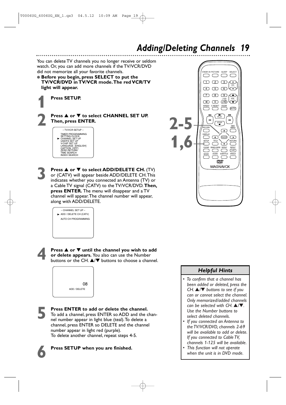 Adding/deleting channels 19, Helpful hints | Philips Magnavox 27MDTR20 User Manual | Page 19 / 160